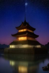 日本奇幻动漫剧场版封面，绚丽星空背景与动漫角色剪影